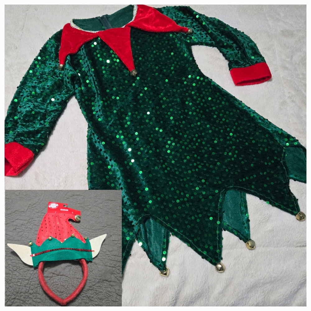 Christmas Helper Elf Costume Jingle Bells with Elf Hat Ears Headband Kids Small